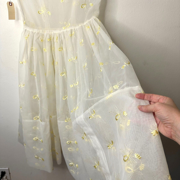 VINTAGE Sheer 50s Pale Lemon Yellow Floral Design Embroidered Sleeveless Dress - Picture 8 of 13